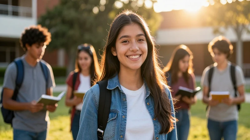 Estudiante sonríe; oportunidad en campus vibrante