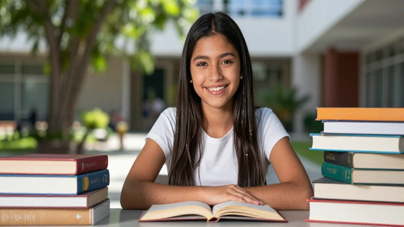 Estudiante mexicana sonriente en campus vibrante