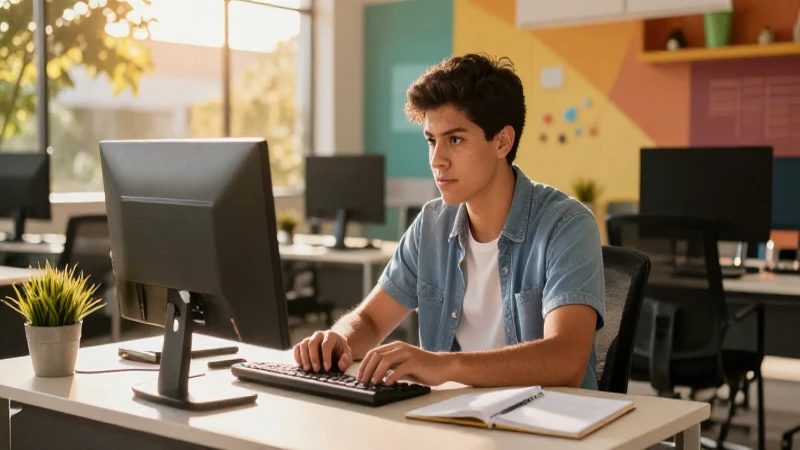 Estudiante mexicano en campus tecnológico iluminado