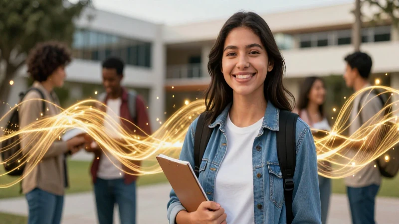 Estudiante sonriente frente a un campus digital
