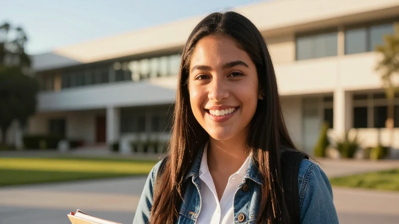 Estudiante mexicana sonriente simboliza éxito académico en campus moderno