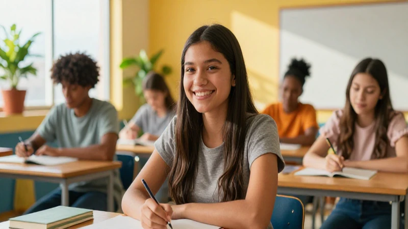 Estudiante sonríe en aula moderno y vibrante