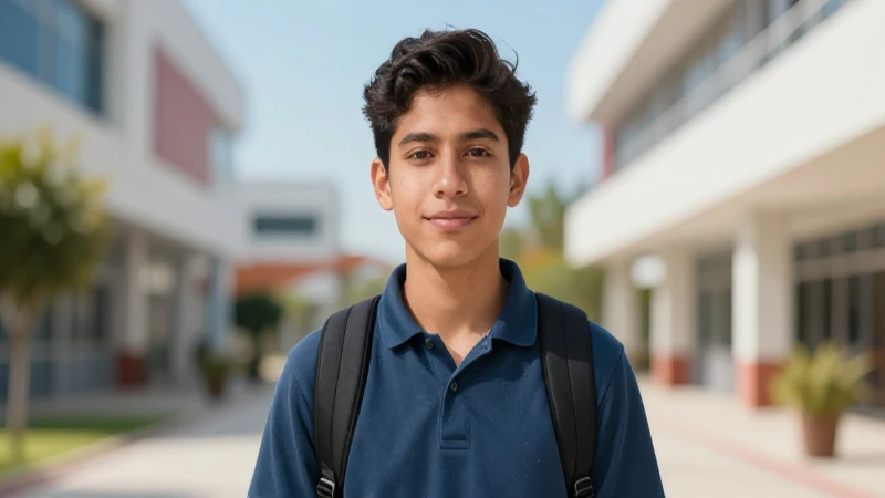 Retrato de estudiante mexicano en campus moderno