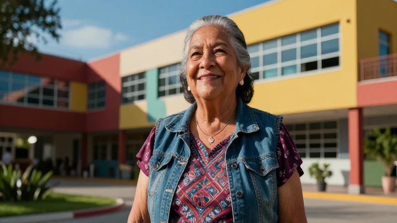 Mujer mexicana alegre frente a un campus moderno