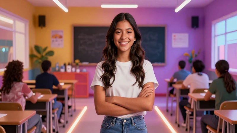 Estudiante sonriente en un camino luminoso