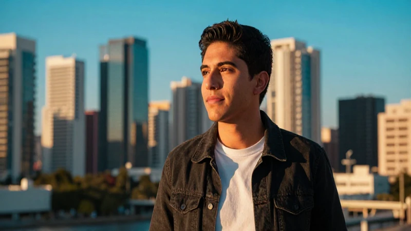 Joven mexicano optimista bajo luz urbana dorada