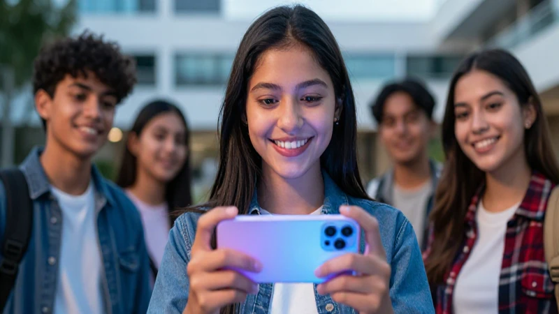 Joven mexicano sonriente con celular en campus
