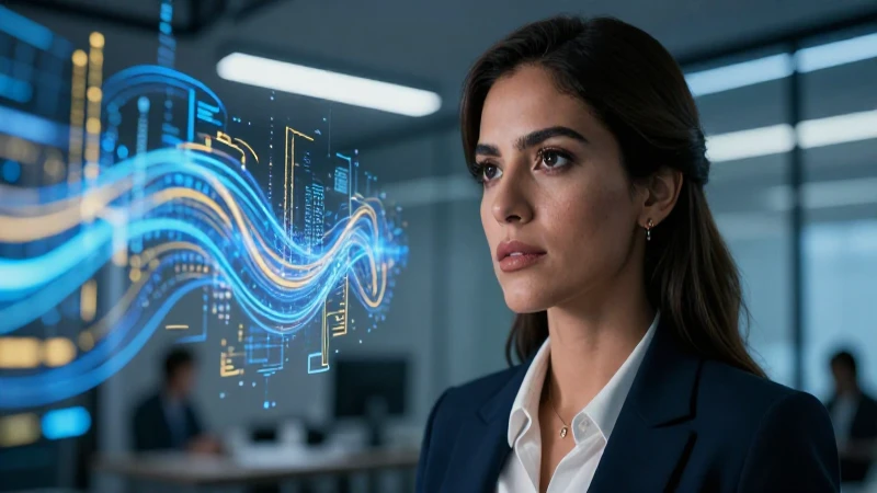 Mujer mexicana profesional mira datos holográficos