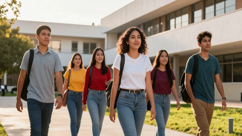Estudiantes mexicanos diversos caminan en el campus moderno y soleado