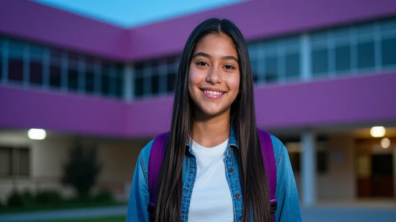 Estudiante sonriente en campus universitario vibrante