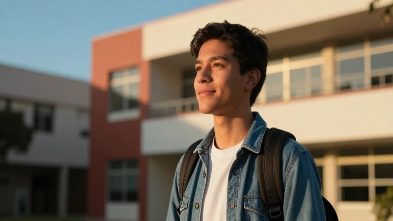Joven mexicano optimista en campus moderno