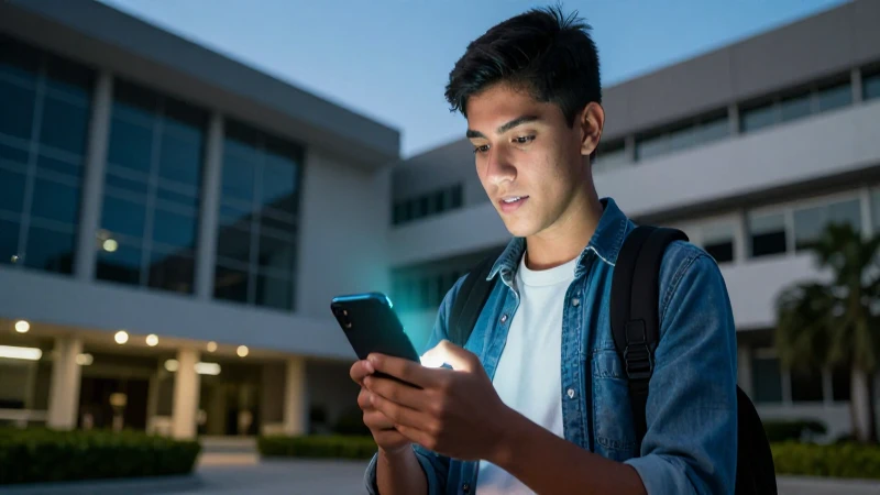 Estudiante mexicano con móvil brillante en campus