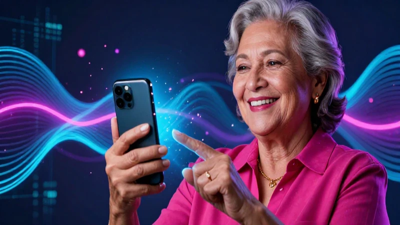 Mujer mayor mexicana sonríe a datos digitales
