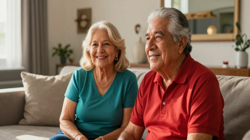 Pareja mexicana en sala moderna con luz cálida