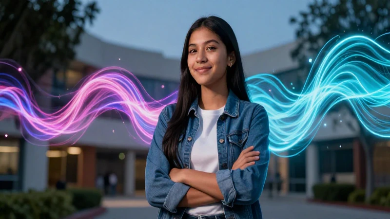 Estudiante mexicano motivado con fondo abstracto moderno