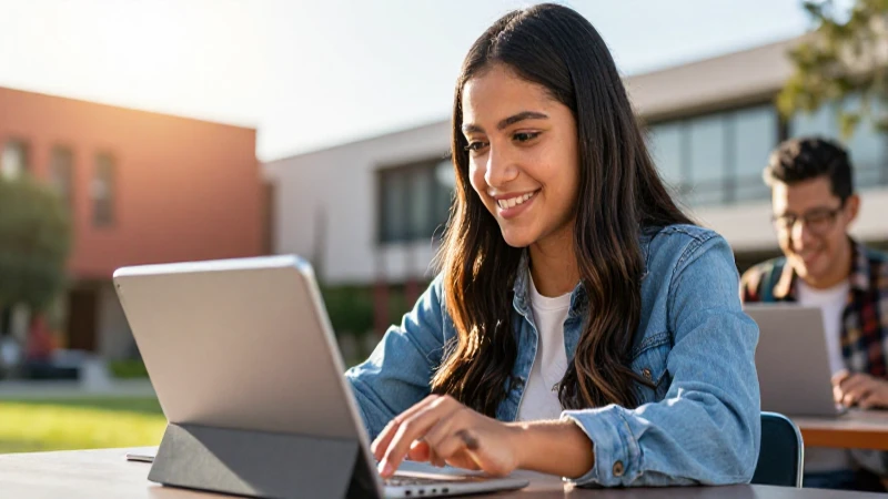 Estudiante mexicano sonriente en campus moderno