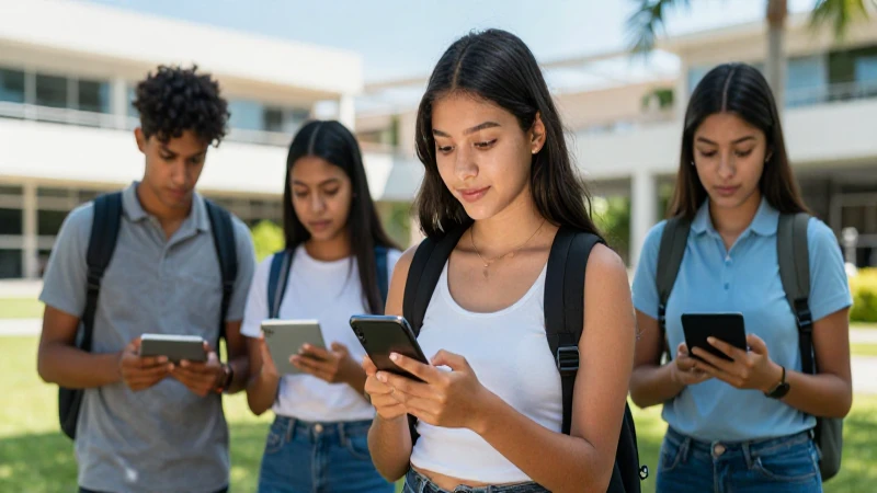 Estudiante mexicano con dispositivo moderno en campus