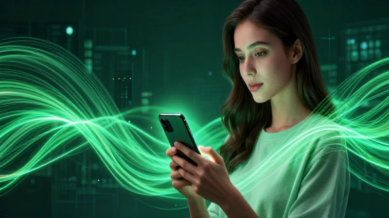 Mujer mira móvil con flujo digital verde vibrante