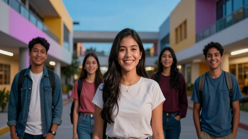 Estudiante mexicano sonríe en campus moderno