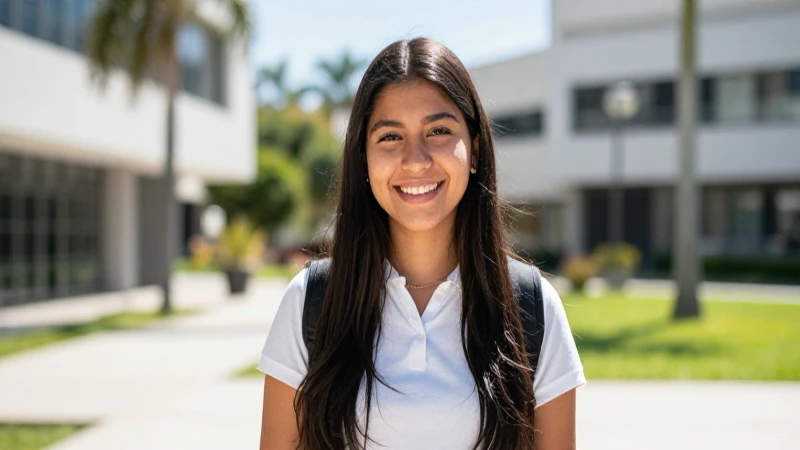 Joven mexicano sonriente en campus moderno