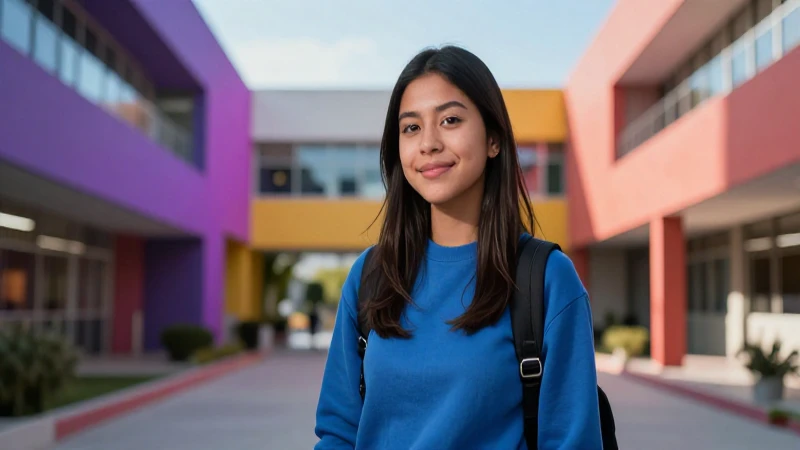 Estudiante mexicano exitoso en campus moderno