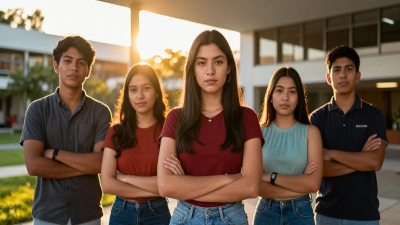 Estudiantes mexicanos en un campus moderno con luz dorada