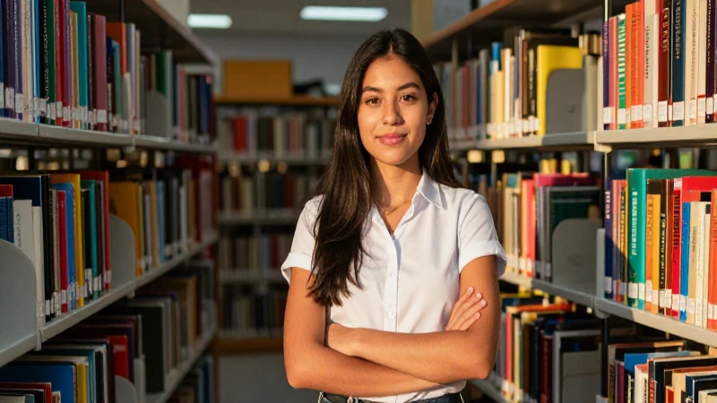 Estudiante mexicana exitosa en biblioteca moderna