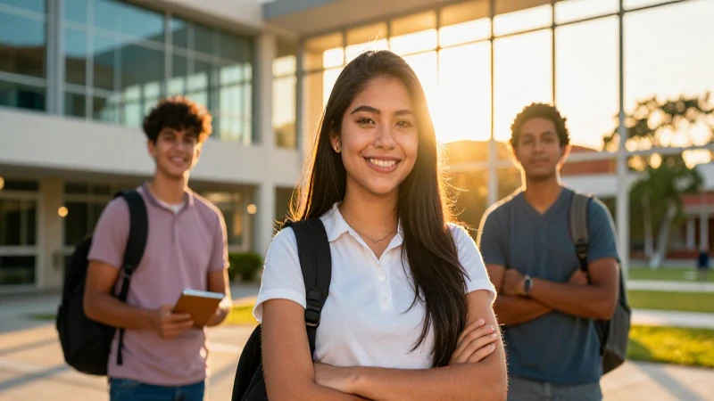 Estudiante mexicano sonríe con éxito en campus moderno