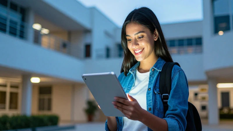 Estudiante mexicano sonriente en campus moderno