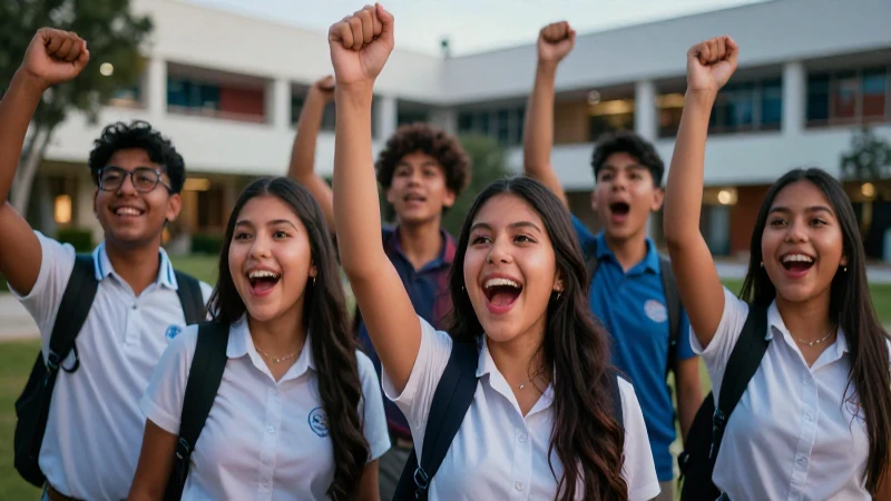 Jóvenes mexicanos celebrando en campus moderno