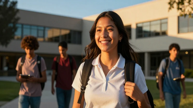 Estudiante mexicano sonríe en campus moderno al atardecer