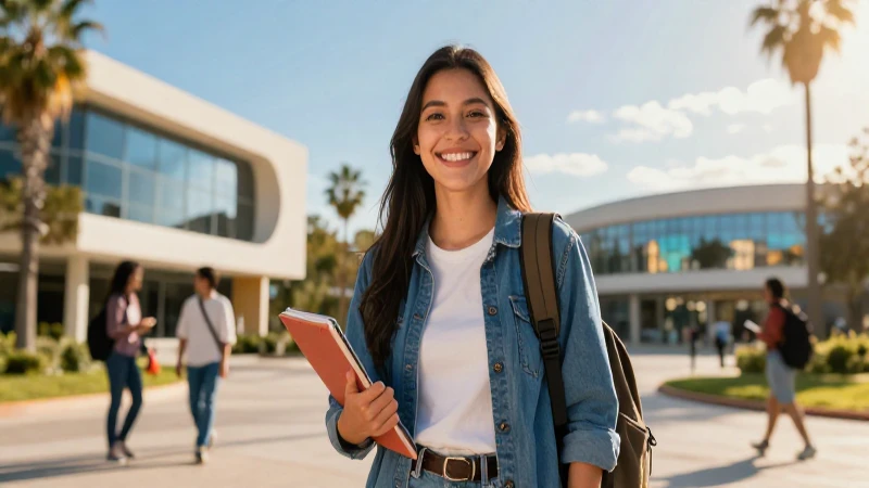 Estudiante mexicano feliz en campus futurista