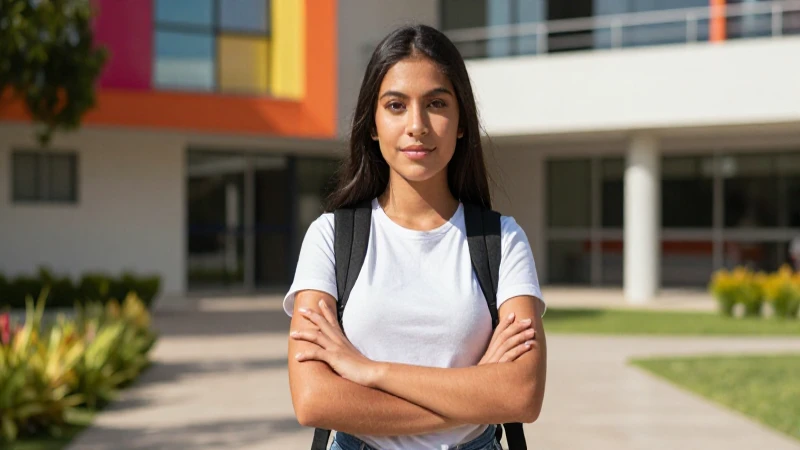 Joven estudiante mexicano confiado en un campus soleado