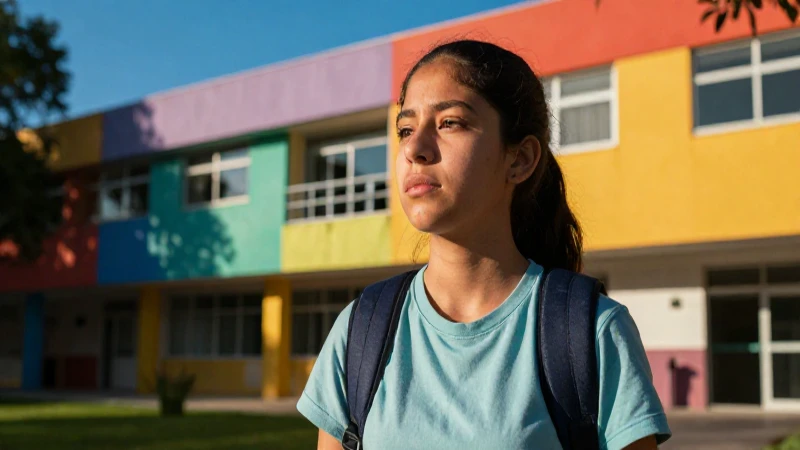 Estudiante joven en campus colorido con luz dramática