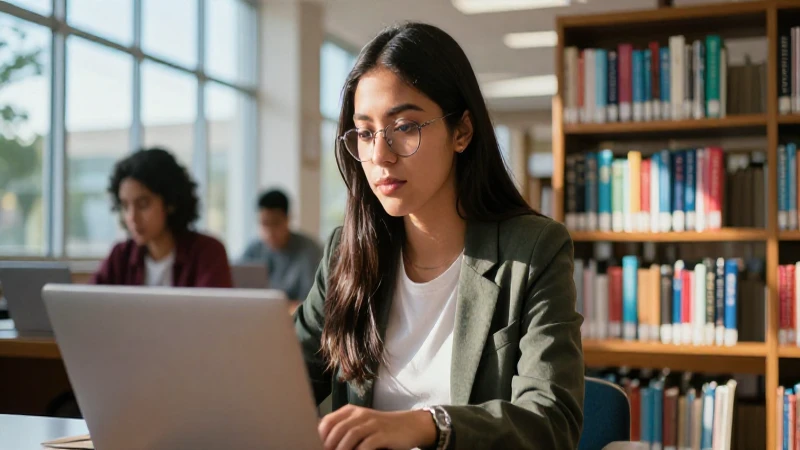 Joven mexicana estudia en biblioteca moderna