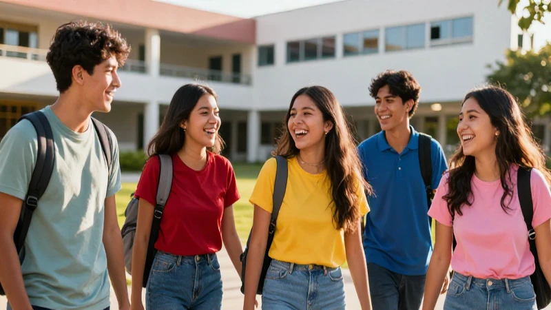 Estudiantes mexicanos en campus con logro y alegría