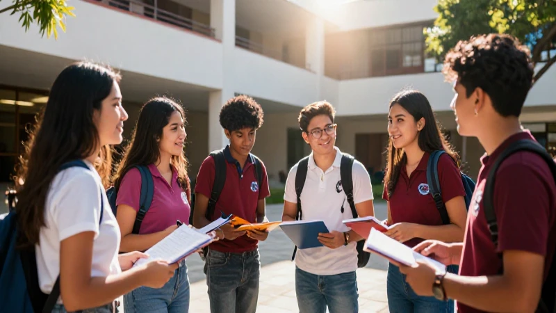 Estudiantes mexicanos vibrantes colaboran en campus soleado