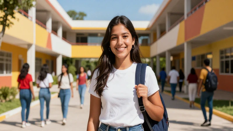 Estudiante mexicano vibrante en moderno campus escolar
