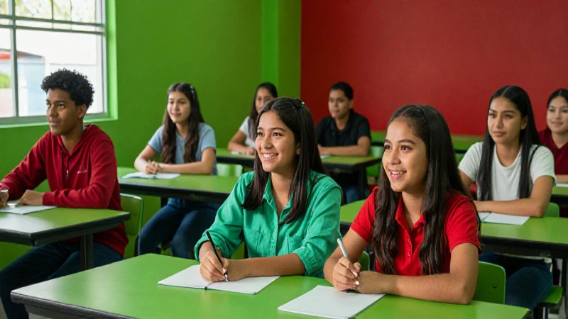 Estudiante mexicano sonriente en moderno salón vibrante