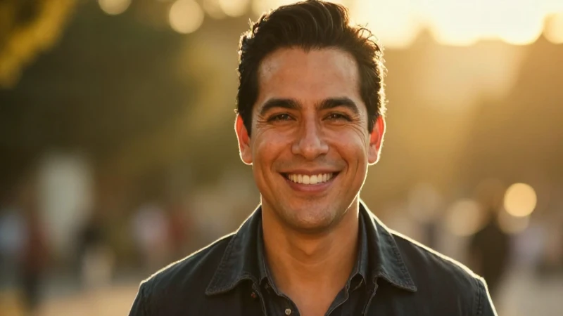 Hombre mexicano sonriendo, luz dorada, fondo borroso