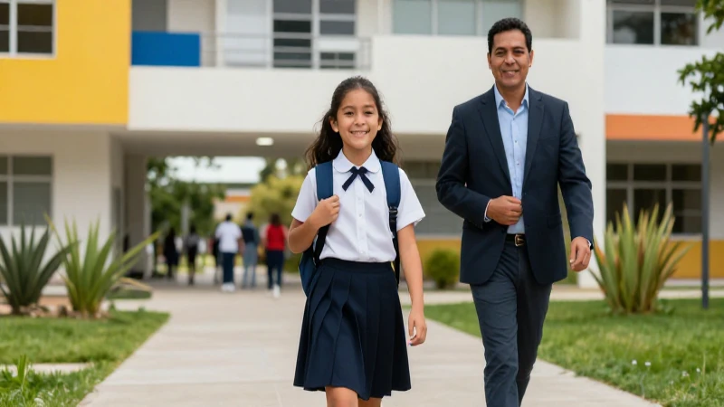 Niño sonriente en uniforme camina por campus moderno