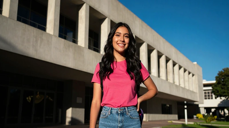 Estudiante sonríe en campus vibrante con luz cinematográfica