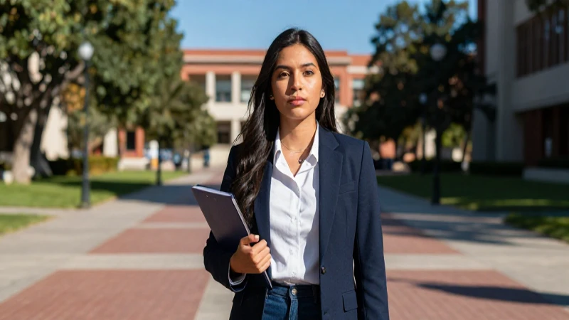 Estudiante mexicana en campus con estilo dramático