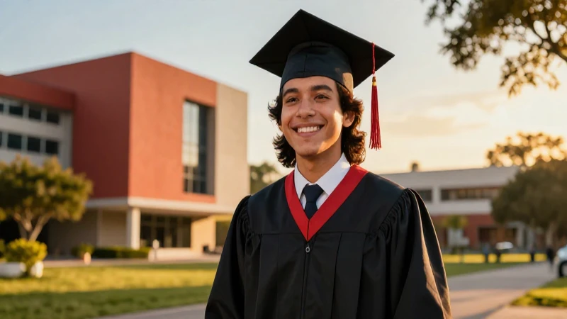 Joven graduado mexicano en campus vibrante con luz dorada