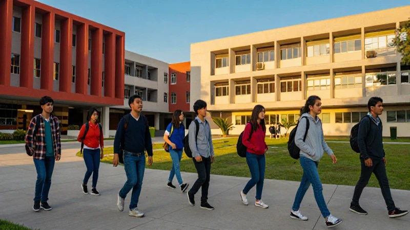 Estudiante universitario en campus moderno al atardecer