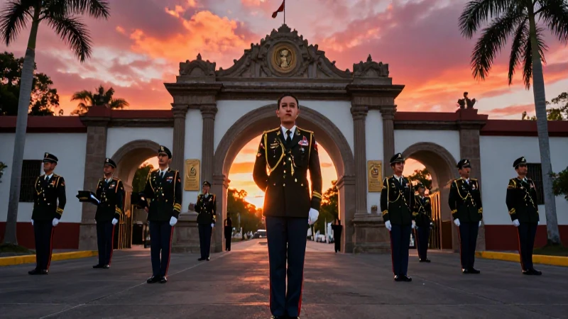 Jóvenes mexicanos formados en una academia al atardecer