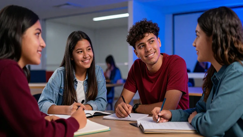 Estudiantes mexicanos colaborando en campus vibrante