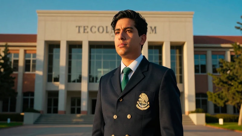 Joven mexicano ambicioso en campus moderno
