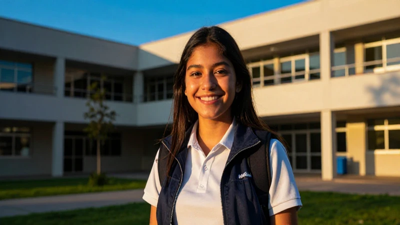 Estudiante mexicano sonríe en campus moderno al atardecer