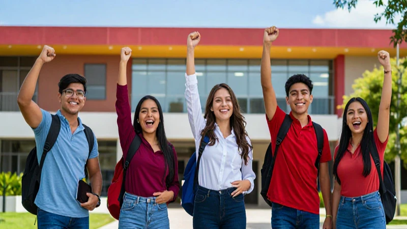 Estudiantes mexicanos celebrando éxito en campus moderno